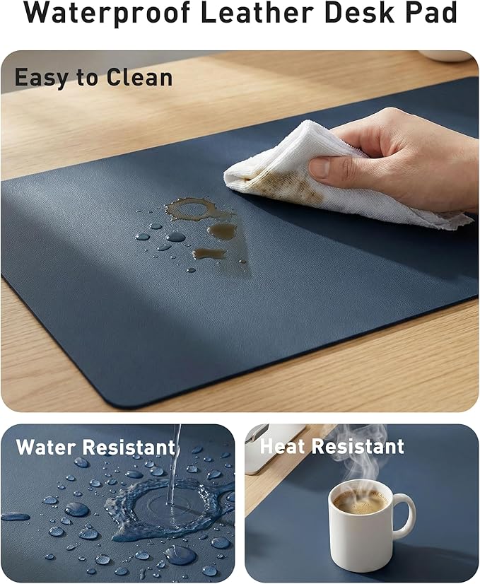 Aothia Faux Leather Desk Mat - Large Mouse Pad, Non-Slip PU Leather Blotter, Waterproof Writing Surface for Office and Home (Dark Blue, 40" x 24")