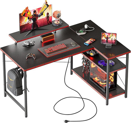 Mericonia Small L Shaped Computer Desk with Power Outlets, Reversible Gaming Desk with Storage Shelves & Monitor Stand, Corner Gamer Desk Table, Study Writing Table