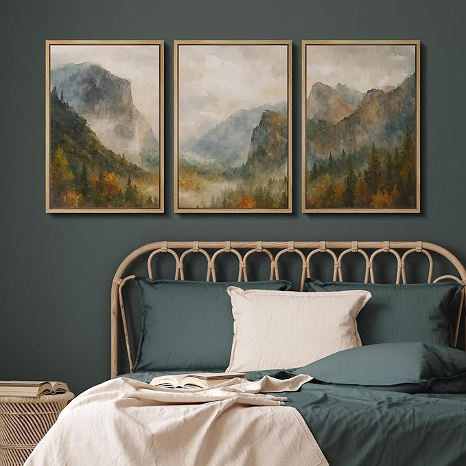 SIGNFORD Framed Wall Art Print Set Misty Mountain Valley Watercolor Serene Nature Landscape Digital Art Modern Art Contemporary for Living Room, Bedroom, Office - 24"x36"x3 Natural
