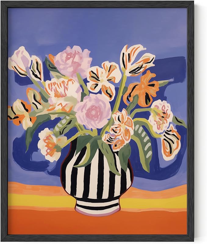 HAUS AND HUES Floral Art Wall Decor - Wildflowers Wall Art for Living Room, Floral Artwork for Bedroom Walls, Flower Painting for College Girls Dorm Room (Striped Vase, Unframed, 11x14)