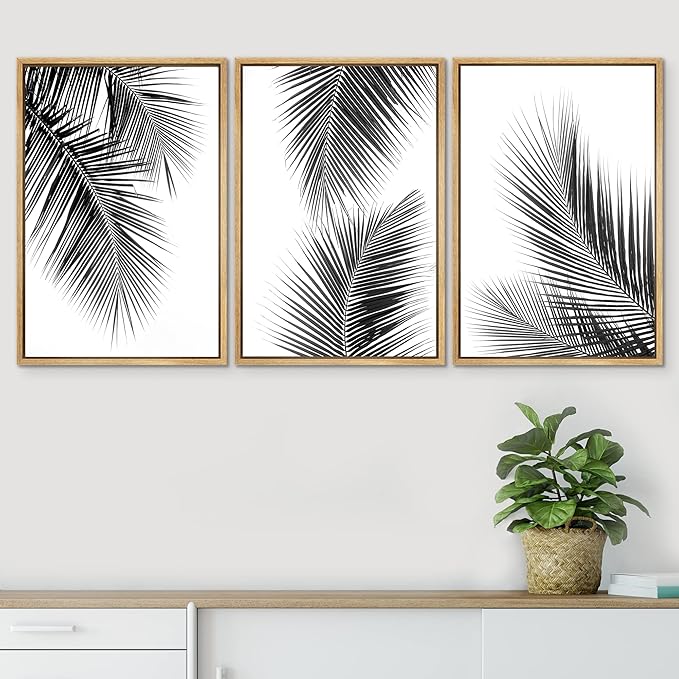 SIGNWIN 3 Piece Framed Canvas Wall Art Black and White Tropical Leaves Canvas Prints Home Artwork Decoration for Living Room,Bedroom - 24"x36"x3 Natural