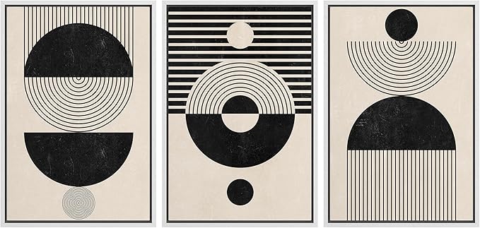 IDEA4WALL Framed Canvas Print Wall Art Set Geometric Black Tan Stripe Circle Stripe Collage Abstract Shapes Illustrations Modern Art Nordic for Living Room, Bedroom, Office - 24"x36"x3 White