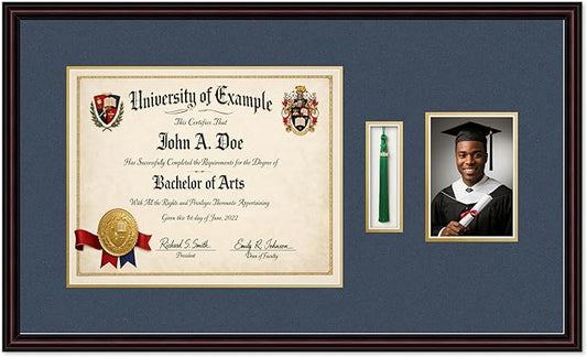 Diploma Tassel and Photo Shadowbox Fits 15 x 12 Military/Government with Tassel Hoo Executive Brown Genuine Hardwood with Navy Blue Over Metallic Gold Double mat
