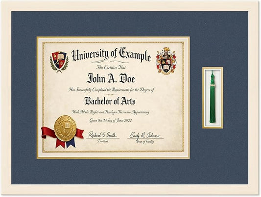 CountryArtHouse Diploma and Tassel Frame Fits 15 x 12 Military/Government with Tassel Coastal Whitewash Genuine Hardwood Shadowbox with Navy Blue Over Metallic Gold Double mat