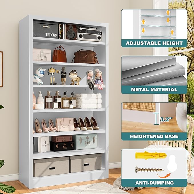 Bookcase,7 Tier Bookshelf,55" Tall Free Standing Metal Bookcase with Adjustable Storage Shelves,Wide Bookshelf for Bedroom Living Room Home Office School (White, 7 Tier 55"H x 27.5"W x 11.8"D)