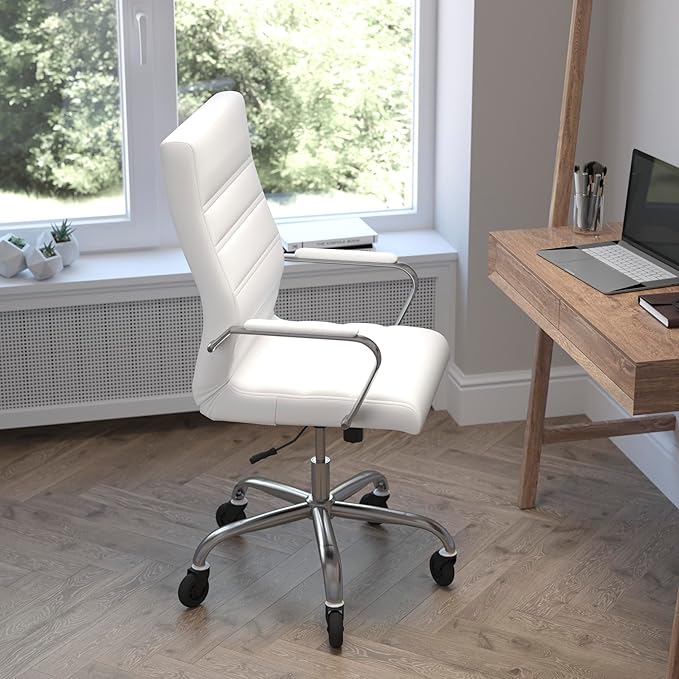 Flash Furniture Whitney High Back White LeatherSoft Executive Swivel Office Chair with Chrome Frame, Arms, and Transparent Roller Wheels