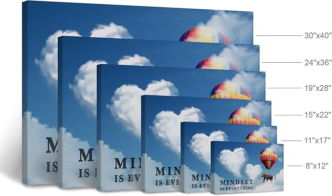 Smile Art Design Mindset is Everything Quote Elephant with Balloon Blue Sky Motivational Wall Art Canvas Print Inspirational Wall Art Entrepreneur Quote Office Decor Artwork Gift Ready to Hang 19x28