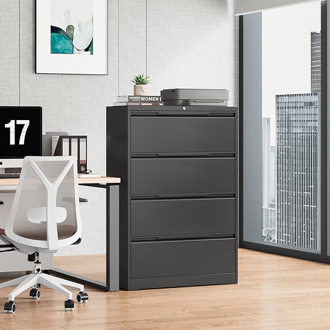 Bestoo 4-Drawer Lateral File Cabinet with Lock, Metal Filing Cabinet for Home Office, Lateral Filing Storage Cabinets, Fits File Folders, Letter/Legal/F4/A4 Sizes, Assembly Required (Black)