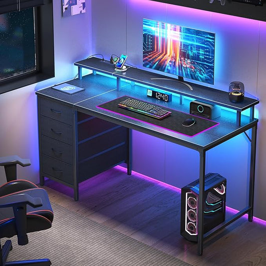 DUMOS 47 Inch Computer Desk with 4 Drawers,4 Drawer Gaming Desk with with Power Outlets and LED Lights,Office Desk for Small Spaces with Monitor Shelf,Writing Desk for Home Office, Bedroom,Study,Black