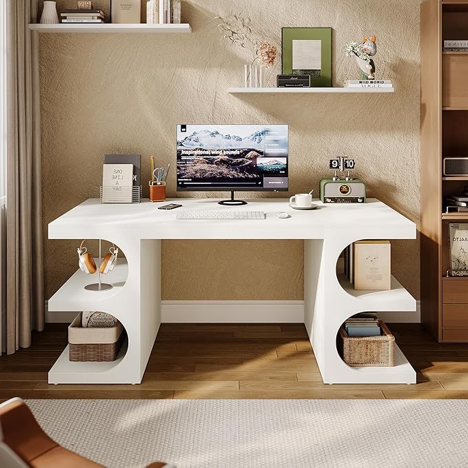 Tribesigns White Executive Office Desk, 63" Computer Desk with Storage Shelves, Modern Wood Study Writing Table, Large Workstation Business Furniture for Home Office (Table Only)