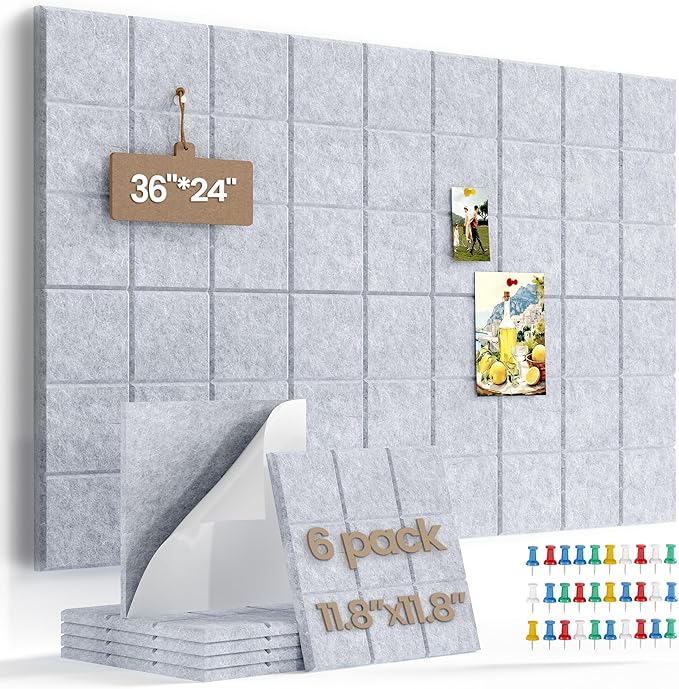 36" x 24" Large Black Cork Board Alternative - 6 Pack Felt Bulletin Board with 30 Push Pins, Felt Wall Tiles Pin Board for Walls Office Home School Decor, Aesthetic Cork Squares, Light Gray
