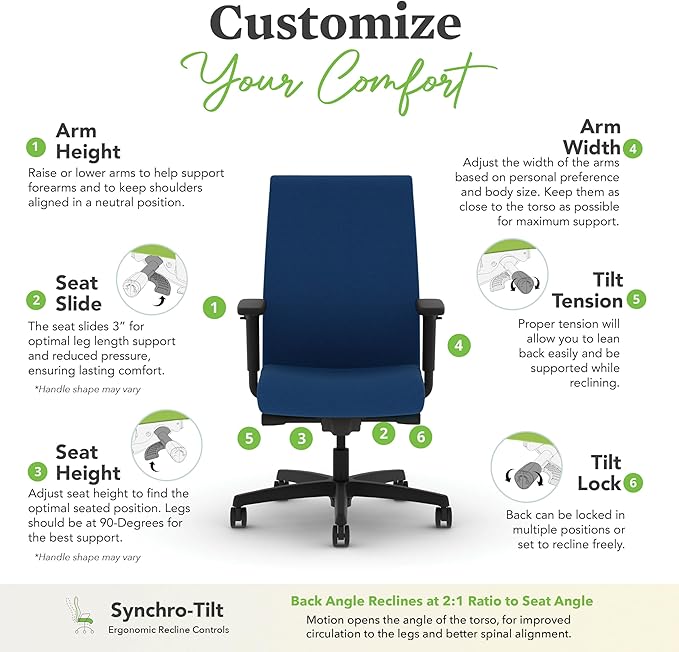 HON Ignition 2.0 Fabric Office Chair, Upholstered, Adjustable Arms, Advanced Synchro-Tilt Recline Executive Ergonomic Office Chair, Black Frame, Indigo