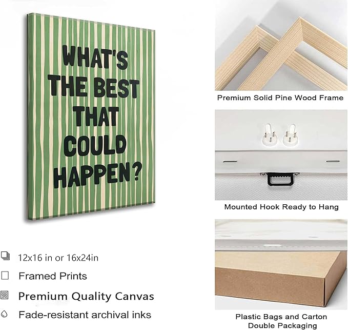 What's The Best That Could Happen Wall Art Green Striped Positive Quotes Canvas Wall Decor Funky Preppy Picture Prints Inspirational Quotes Poster Painting for Bedroom Living Room Picture Framed