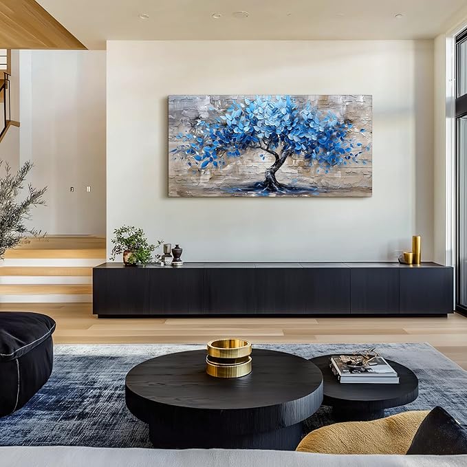 SERIMINO Tree of Life Wall Art Large Artwork, Blue Tree Abstract Wall Paintings, Nature Plant Canvas Art Prints, Modern Neutral Pictures Wall Decor Living Room Bedroom Office Meeting Room 24"X48"
