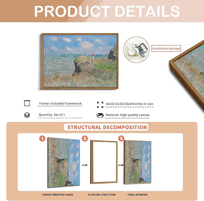 Framed Vintage Monet Wall Art Coastal Decor – Impressionist Seaside Oil Painting Canvas Prints – Nature Beach Scene Landscape Aesthetic Wall Decor for Living Room Bedroom Bathroom – 16"x24"