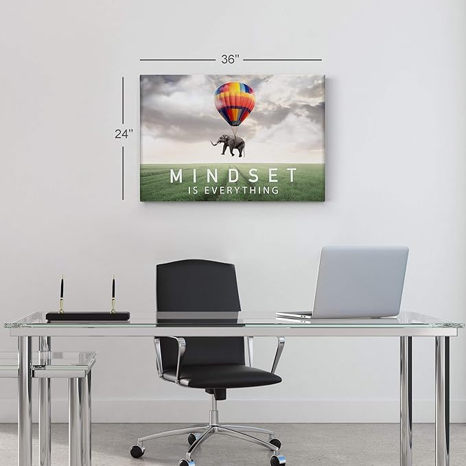 Smile Art Design Mindset is Everything Quote Elephant with Balloon in Sky Motivational Wall Art Canvas Print Inspirational Wall Art Entrepreneur Quote Office Decor Artwork Gift Ready to Hang 11x17