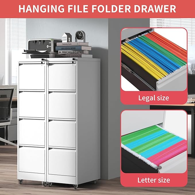 4 Drawer File Cabinet with Wheels,Metal Mobile Filing Cabinets with Lock,White Rolling File Cabinet for Home Office,Heavy Duty Storage Cabinet for A4/Letter/Legal Size File,Assembly Required