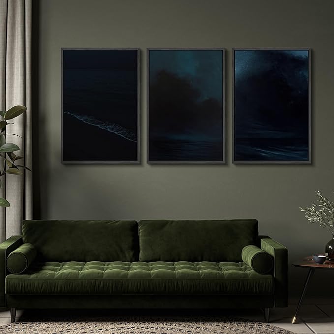 SIGNFORD Framed Wall Art Print Set Midnight Ocean Waves Dramatic Dark Seascape Digital Art Modern Art Contemporary for Living Room, Bedroom, Office - 24"x36"x3 Black