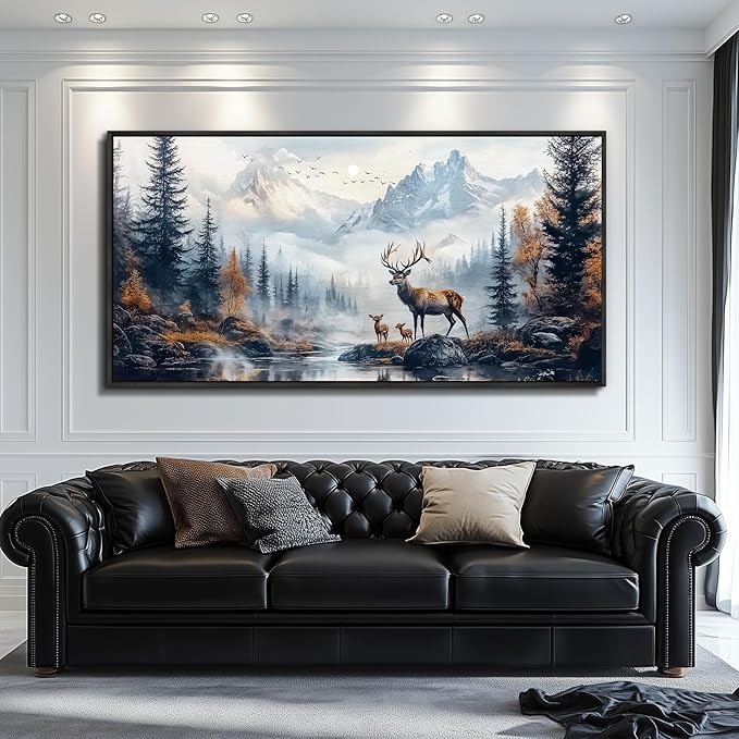 KELIYUAN Large Canvas Wall Art For Office Black Framed Wall Decor For Bedroom Living Room Mural Prints Pictures Lushan Mountain Scenery Painting Stretched and Framed Wall Aesthetics 24"X48"