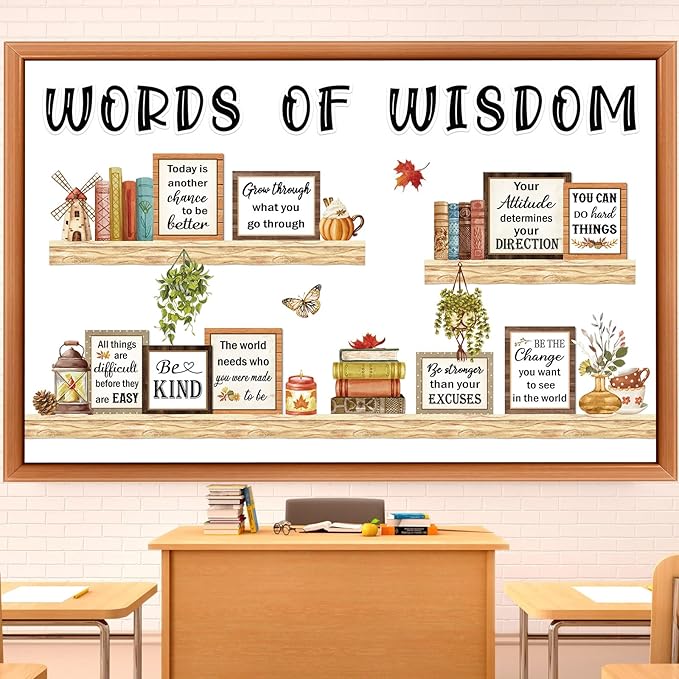 Qilery Bookshelf Bulletin Board Set, Motivational Words of Wisdom Cutouts for Classroom Decor, Rustic Boho Library Reading Nook Wall Posters, Inspirational Teacher Supplies for Back to School