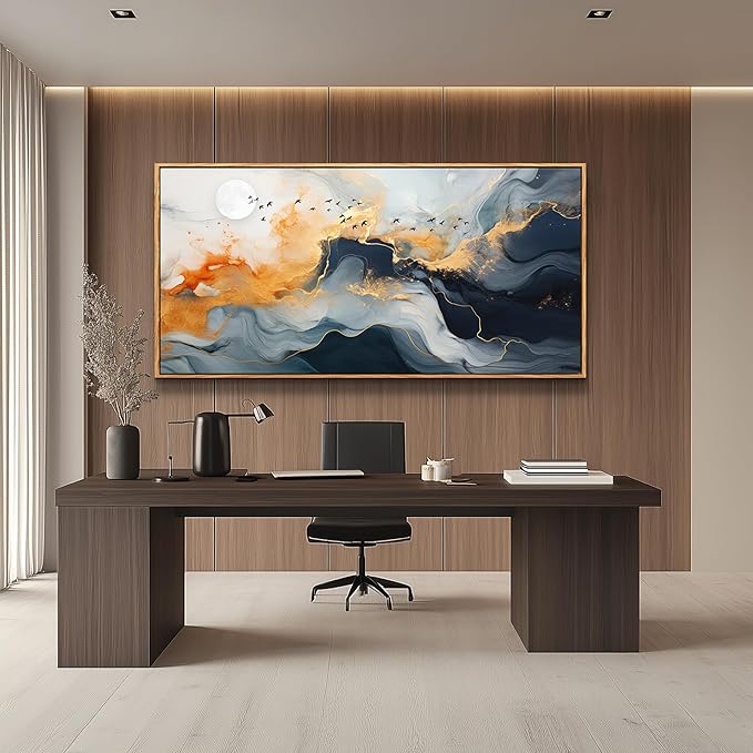 MHARTK66 Abstract Wall Art Large Canvas Picture Ready to Hang Marble Fluid Art with Gold Foil Moon & Bird Design Wood Frame Home Decor for Living Room Bedroom Office Wall Decorative Artwork