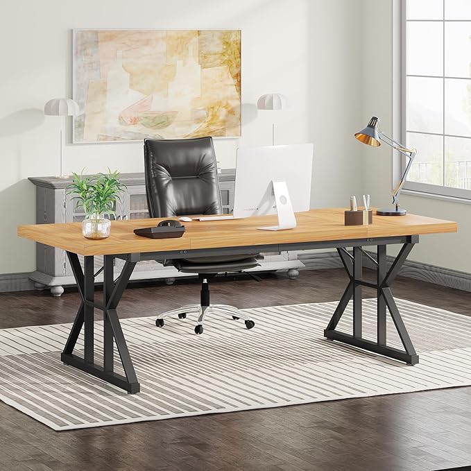 Tribesigns 70.8-Inch Executive Desk, Large Computer Office Desk Workstation, Modern Simple Style Laptop Desk Study Writing Table Business Furniture for Home Office (Light Walnut/Black, 70.8 Inch)
