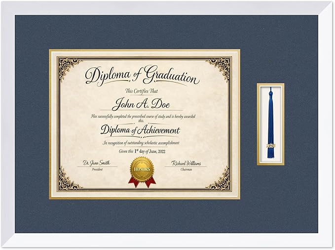 Diploma Frame with Tassel Holder Bright White Shadowbox Navy Blue Over Gold Mat - Fits 14 x 11 Degree Made in the USA