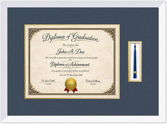 Diploma Frame with Tassel Holder Bright White Shadowbox Navy Blue Over Gold Mat - Fits 14 x 11 Degree Made in the USA