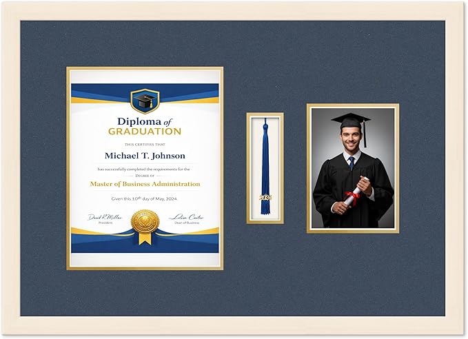 Diploma Tassel and Photo Frame Coastal Whitewash Shadowbox Navy Blue Over Gold Mat - Fits 8.5 x 11 Degree Picture Made in the USA