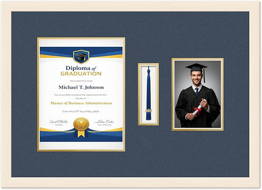 Diploma Tassel and Photo Frame Coastal Whitewash Shadowbox Navy Blue Over Gold Mat - Fits 8.5 x 11 Degree Picture Made in the USA