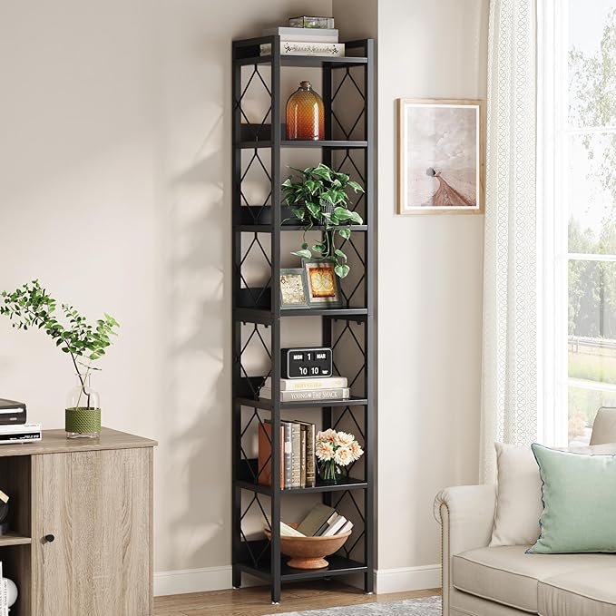 Tribesigns 78.7 Inch Extra Tall Narrow Bookshelf Set of 2, 7 Tier Skinny Bookcase for Small Spaces, Freestanding Display Shelves, Multifunctional Corner Storage Organizer for Home Office, Black