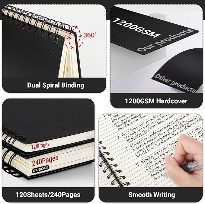 EUSOAR Spiral Notebook College Ruled, 3pcs B5 7.3"x10.2" Hardcover, 5 Subject with Dividers, Thick 100GSM Lined Paper, 120Sheets/ 240Pages, Notebooks Set for Writing, Sketching and Note Taking