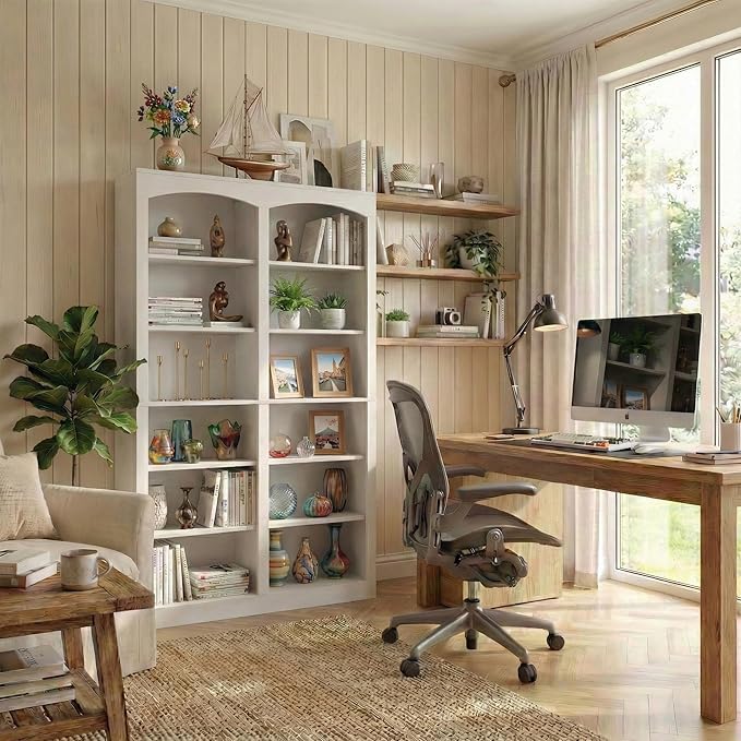 71" Tall Bookcase, Double Wide White Bookshelf with Arched Design, 12-Tier Open Wood Display Shelf Storage Organizer for Living Room, Home Office (41.6" W x 70.8" H)