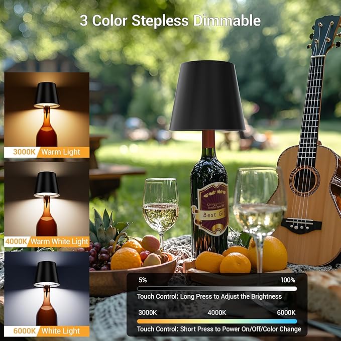 Wireless Bottle Lamp, Wireless Bottle Lamp Shade with 3 Color Temperature, Rechargeable Stepless Dimming LED Wine Bottle Lights for Any Bottle, Desk Lamp for Bedroom Restaurant Bar -Green