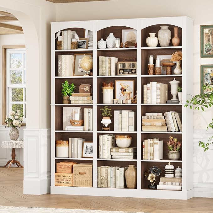 FACBOTALL 71" Triple Wide Bookshelf, 6 Tier Tall Bookshelf, Large Bookcase with Curved Baffle, 63.4" Wide Book Shelf with 18 Open Display Shelves for Living Room, Study, Walnut and White