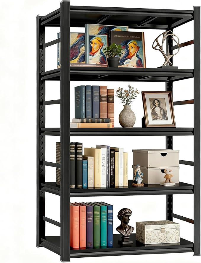 Bookshelf, 5 Tier Metal Wide Bookcase, Heavy Duty Adjustable Industrial Shelf for Living Room, Bedroom and Library, Black, 71.18" H x 35.43" W x 15.75" D