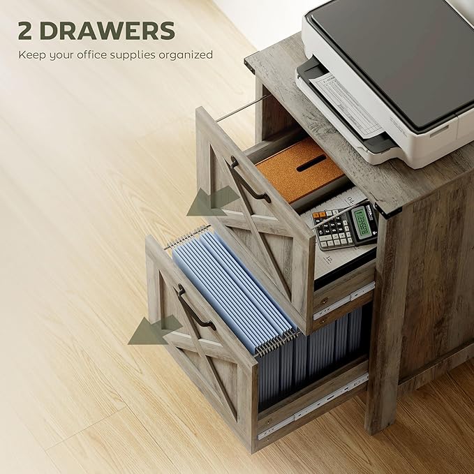 HOMCOM 2 Drawer Vertical File Cabinet with Silent Slides, Rustic Farmhouse Filing Cabinet with Barn Doors for A4/Letter Size, Printer Stand with Storage for Home Office, Distressed Gray