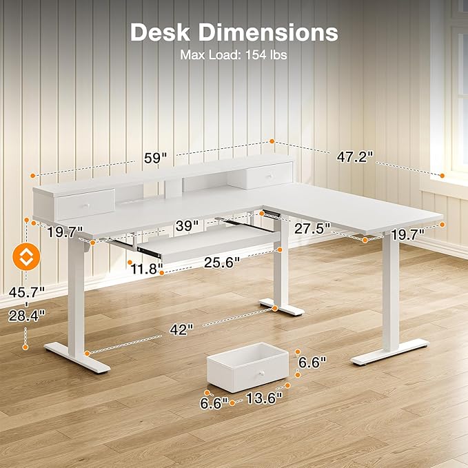 Casaottima 59 Inch Electric L-Shaped Standing Desk with Drawers, Height Adjustable Stand Up Corner Desk with Monitor Stand & Keyboard Tray, Lift Table for Home Office, Workstation, White