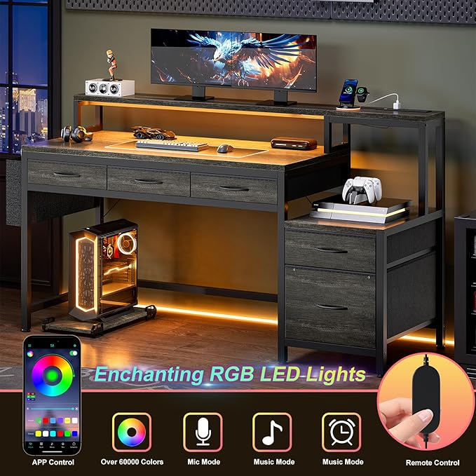 REAHOME 61 Inch Gaming Desk with Charging Station and LED Lights, Reversible Computer Desk with Storage Drawer and Monitor Stand, Modern Desk Table with File Cabinet & Side Pocket, Grey Oak