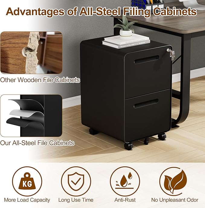 2 Drawers Metal Filing Cabinet with Lock, with 25 File Folders, Mobile Vertical Cabinet with Fully Assembled Except Casters, for Home Office, Black