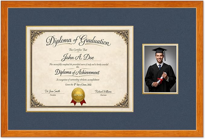 Diploma Frame With Photo Opening Honey Oak Navy Blue Over Gold Mat - Fits 15 x 12 Degree and Picture Made in the USA
