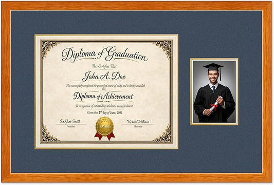 Diploma Frame With Photo Opening Honey Oak Navy Blue Over Gold Mat - Fits 15 x 12 Degree and Picture Made in the USA
