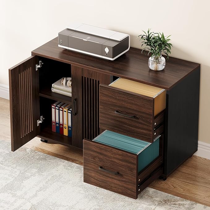 Tribesigns 2-Drawer Mobile File Cabinet, Lateral Filing Cabinet with Door Storage Cabinet and Wheel Casters, Wood File Cabinet for Home Office (Dark Walnut & Black, Only File Cabinet)