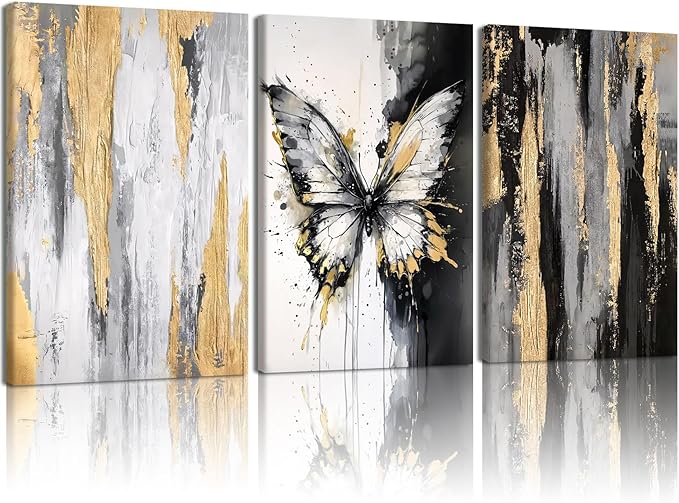 NCCXNCC 3Pcs Abstract Black and Gold Flowing Butterfly Canvas Wall Art Modern Minimalist Wall Decoration Artwork Black and White Abstract Poster Print Suitable for Living Room/Office16x24Inch Framed