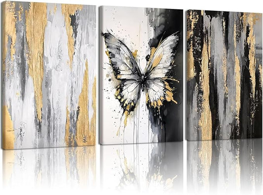 NCCXNCC 3Pcs Abstract Black and Gold Flowing Butterfly Canvas Wall Art Modern Minimalist Wall Decoration Artwork Black and White Abstract Poster Print Suitable for Living Room/Office16x24Inch Framed
