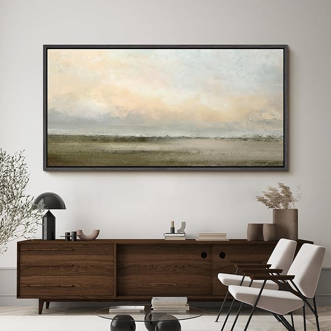 SIGNFORD Extra Large Framed Canvas Soft Sunrise Over Misty Fields Illustrations Modern Art Calm Warm for Living Room, Bedroom, Office - 60"x30"