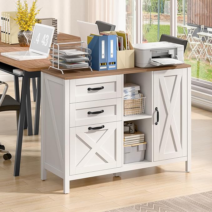 Farmhouse Lateral Filing Cabinet, Lateral File Cabinet with 3 Drawers and Cabinet, Large Printer Stand with File Drawer for Letter/A4 Size Hanging Files for Home Office, Rustic White