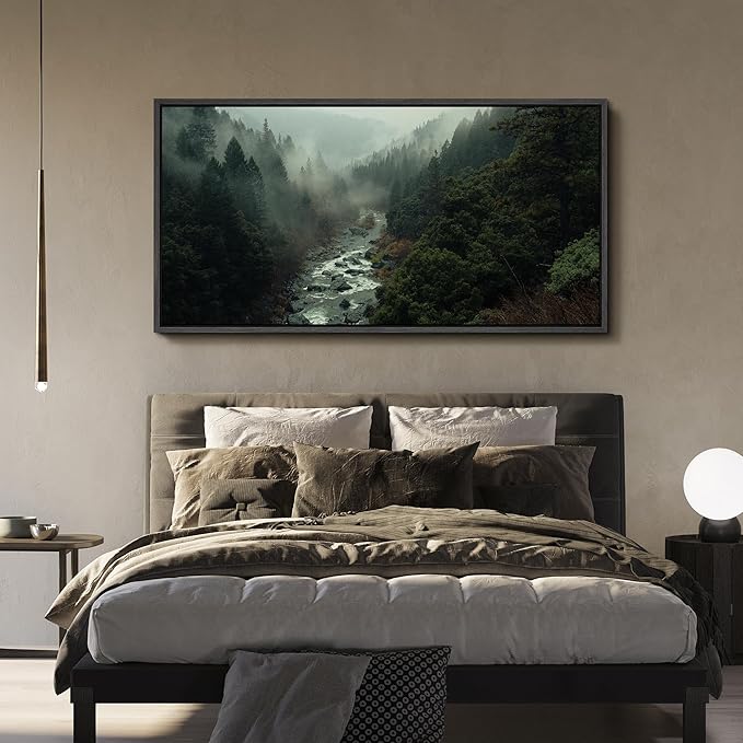 SIGNFORD Extra Large Framed Canvas Misty Forest River Landscape Nature Photography Illustrations Modern Art Calm Warm for Living Room, Bedroom, Office - 60"x30"