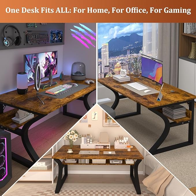 47'' Computer Desk w/Storage & Cable Management, Home Office Desk w/Sturdy U-Shaped Metal Frame & Water-Resistant Scratchproof Surface, Study Writing Desk for Office & Bedroom, Rustic Brown