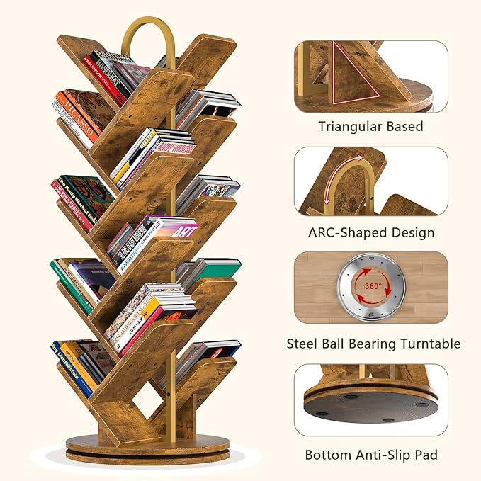 TVU 16-Tier Tree Rotating Bookshelf, 360 Degree Spinning Standing Bookcase for Magazines DVDs Books, Corner Bookcase for Living Room Bedroom Study, Rustic Brown